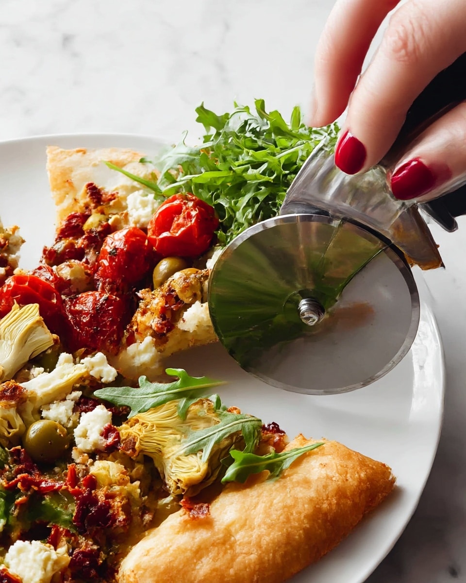 A close-up image of a slice of vegetable pizza on a white plate, with a crispy golden-brown crust as the base layer. On top of the crust, the second layer consists of roasted red cherry tomatoes that look soft and slightly wrinkled, green olives, small pieces of artichoke hearts with a light yellow-green color, and bits of sun-dried tomatoes giving a deep red contrast. Crumbled white cheese is spread unevenly across the toppings, adding texture and softness. A layer of fresh dark green arugula leaves sits on one side, adding a fresh touch. A woman's hand with red nails holds a shiny metal pizza cutter slicing through the pizza from the top right. The whole scene is set against a white marbled textured surface. photo taken with an iphone --ar 4:5 --v 7