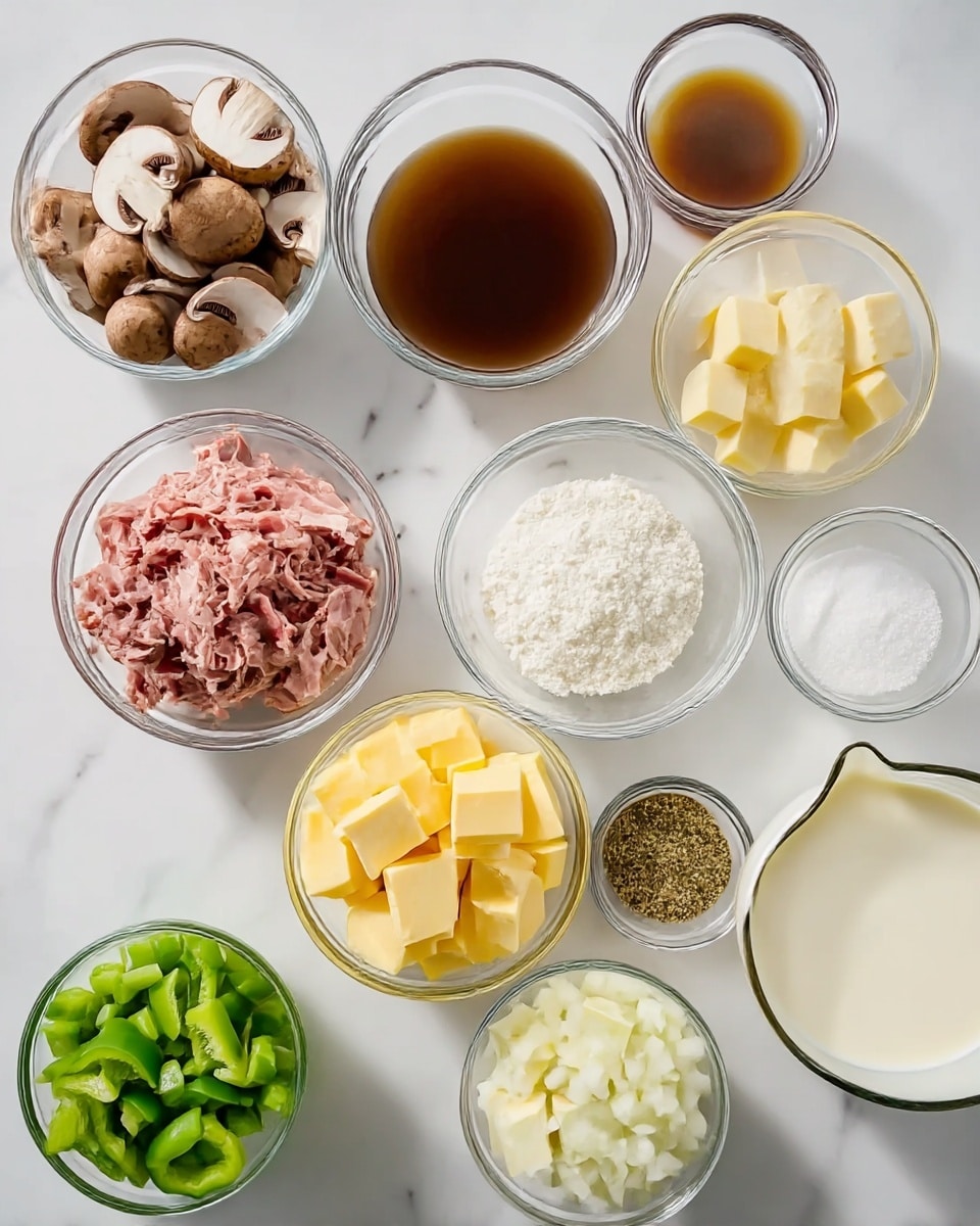 The image shows eleven clear glass bowls arranged on a white marbled surface. Starting from the top left, the first bowl is filled with sliced brown mushrooms with white gills visible. Next to it, a bowl holds pink shredded meat. Beside this is a bowl with a dark brown liquid, likely broth. To the far right, two small bowls contain white salt and a greenish herb/spice mixture. On the bottom left, a bowl contains chopped green bell peppers, and next to it, a bowl with white flour. To the right of the flour, a bowl is filled with small yellow cubes of butter. Below the mushrooms, another bowl holds larger cubes of yellow butter. Next to the large butter cubes, a bowl contains finely chopped white onions. The largest bowl, placed at the bottom right, holds a creamy white liquid, likely milk or cream. Photo taken with an iphone --ar 4:5 --v 7