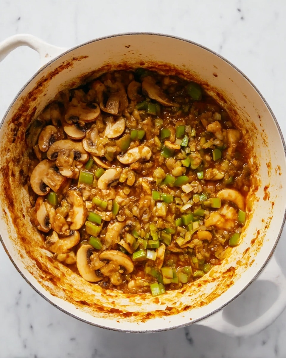 A white pot contains a cooked mix of sliced mushrooms, diced green peppers, and small pieces of onion. The mixture has a rich brown and golden color with some sauce residue stuck on the sides of the pot. The ingredients look soft and simmered, with mushrooms spread mostly on the left side and peppers and onions mixed throughout. The pot is set on a white marbled surface. photo taken with an iphone --ar 4:5 --v 7