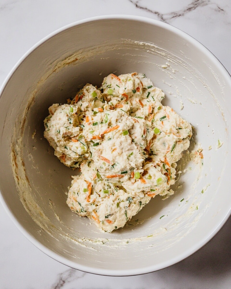 A white bowl filled with thick dough mixed with small pieces of green herbs and orange carrot bits, the dough has a rough texture with visible chunks and is placed on a white marbled surface, the sides of the bowl show some dough residue from stirring, and the overall scene is bright and clear, photo taken with an iphone --ar 4:5 --v 7