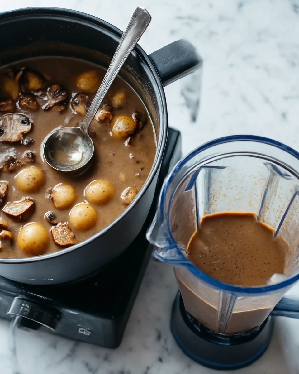The image shows a close-up of a black cooking pot filled with a thick brown soup containing sliced mushrooms and whole small potatoes, with a silver ladle resting inside it. Next to the pot is a black blender with a clear container holding a smooth brown mixture. The scene is set on a white marbled surface. photo taken with an iphone --ar 4:5 --v 7