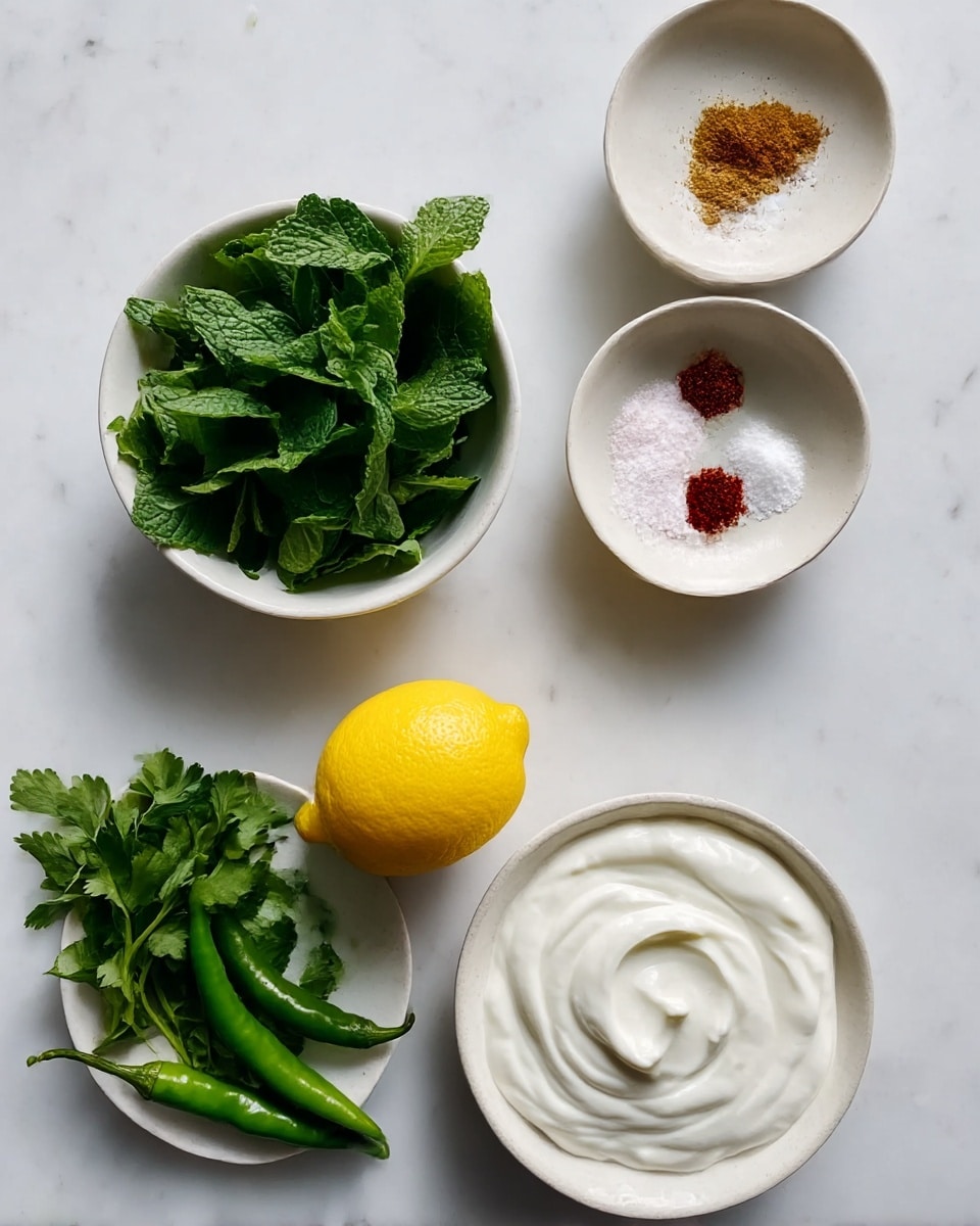 Five bowls sit on a white marbled surface, each with different ingredients. The top left bowl contains fresh green mint leaves, full and leafy. To the right, another bowl holds four small piles: light brown spice, dark red spice, white salt, and pink salt, all separately placed. Below, a small white plate carries a whole bright yellow lemon with two long green chili peppers beside it. Left of that plate, a bowl holds fresh green cilantro leaves with leafy textures. At the bottom, a bowl filled with smooth, thick white yogurt sits, showing soft swirls on the surface. photo taken with an iphone --ar 4:5 --v 7
