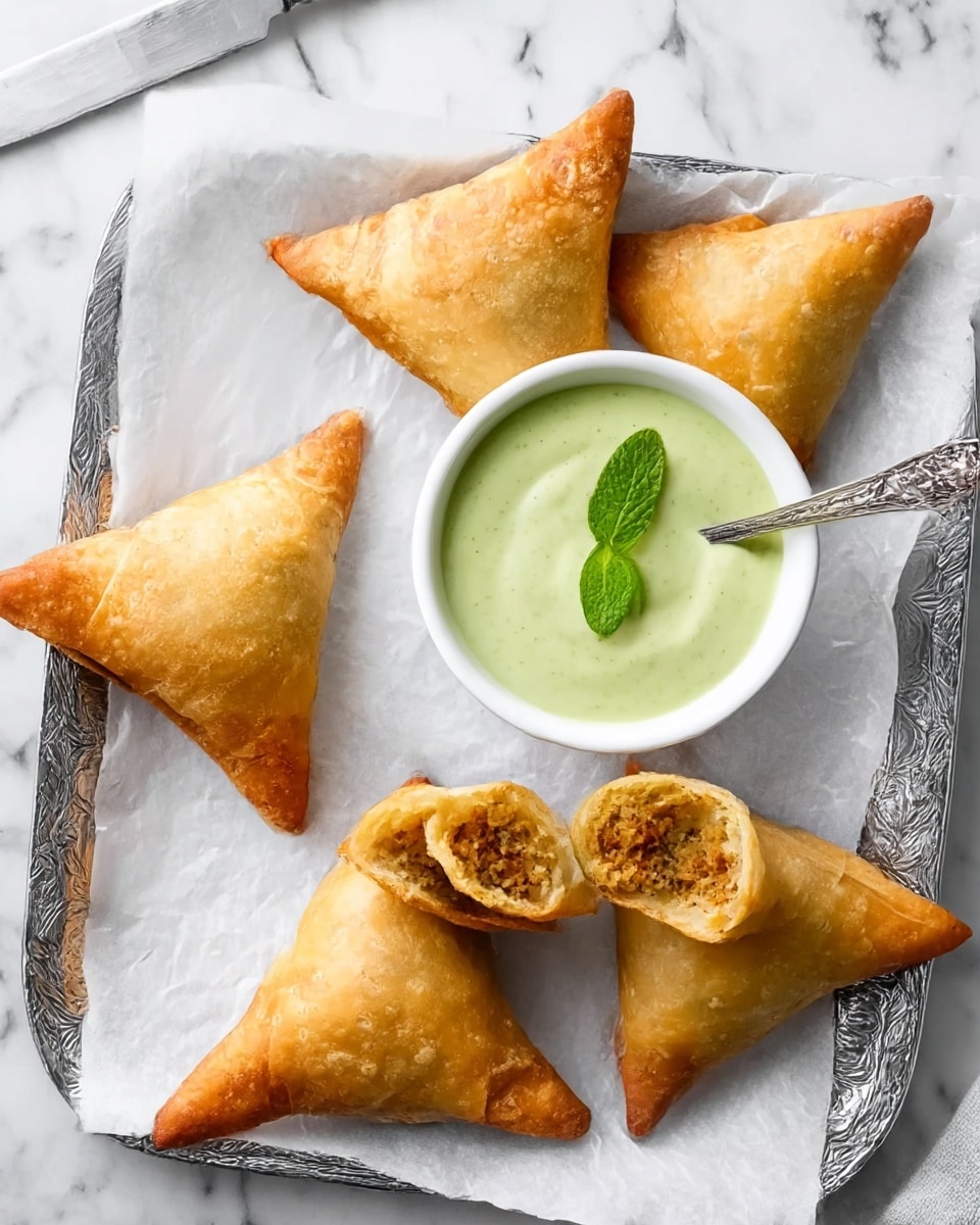 The image shows four golden-brown, triangular samosas placed on a white parchment paper that sits on a decorative silver tray. Three samosas are whole with a crispy, flaky texture, while one is cut open, revealing a layered, crumbly inside that is slightly darker in color. Next to the samosas is a small white bowl filled with smooth, pale green dipping sauce, garnished with a fresh mint leaf on top. A small vintage spoon rests inside the bowl. The scene is set on a white marbled surface with part of a woman's hand and a knife visible at the upper left corner. photo taken with an iphone --ar 4:5 --v 7