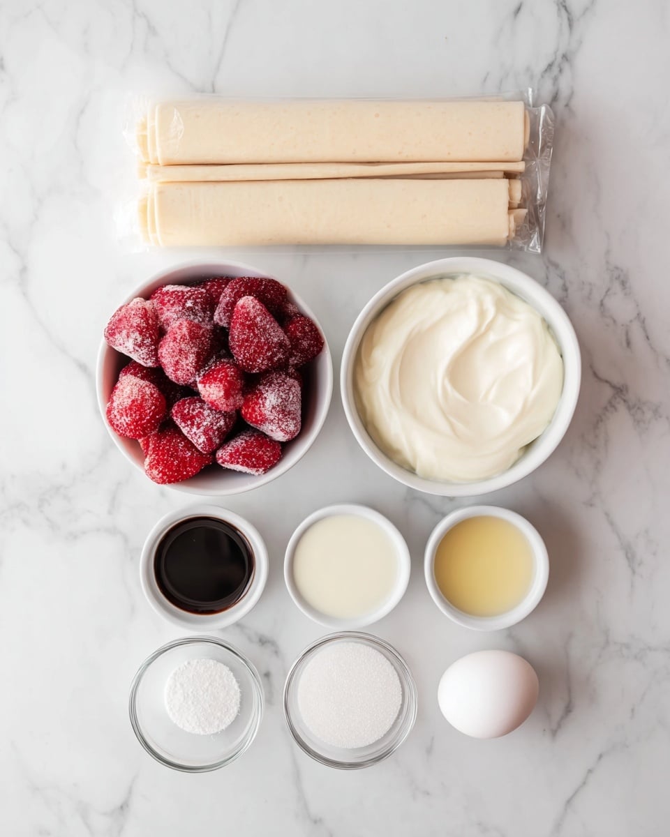 The image shows ingredients arranged neatly on a white marbled surface. At the top, there are two wrapped sticks of light beige pastry stacked horizontally. Below them, towards the left, is a white bowl filled with frozen strawberries that are bright red and covered with a light frost. To the right of the strawberries is another white bowl filled with smooth, creamy white filling. Below these bowls are three small white ramekins in a row, holding dark brown, light milky white, and pale yellow liquids respectively. Below the ramekins, there are two small clear glass bowls; one contains granulated white sugar, and the other holds a single white egg. The overall setup is clean and organized, with the ingredients evenly spaced. photo taken with an iphone --ar 4:5 --v 7