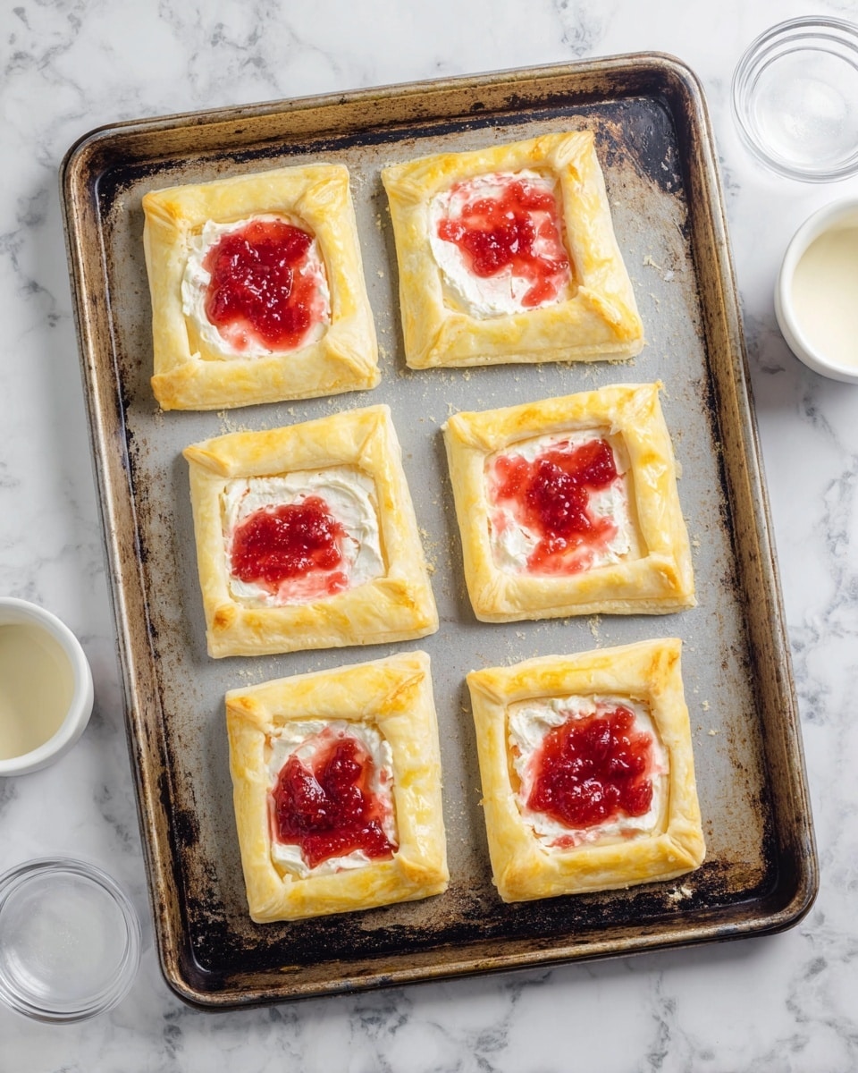 The image shows six rectangular pastries on a metal baking tray, each with two layers of dough forming a border around a middle square cutout. The pastry dough is pale yellow with a slightly shiny texture, especially at the edges. Inside the center of each pastry is a layer of white cream topped with red strawberry jam, which looks chunky and glossy. The background surface has a white marbled texture, and there are two small white bowls and one clear glass bowl around the tray. The photo has soft, natural lighting and is taken with an iphone --ar 4:5 --v 7