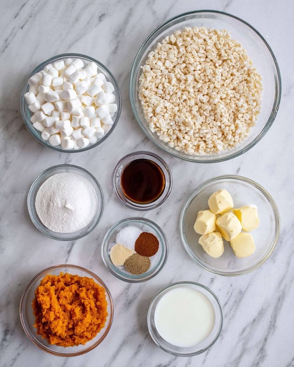 The image shows eight clear glass bowls placed on a white marbled surface. The largest bowl in the center right is filled with pale, crunchy rice cereal, while just below it and to the left is a large bowl filled with white mini marshmallows. Below these bowls, there is a smaller bowl with white powdered sugar and another with white milk. To the right of the marshmallows, a small bowl holds three scoops of pale yellow butter. Above the cereal bowl, there are two small bowls each with a small pile of brown spices and salt. To the left of these, a small bowl contains bright orange pumpkin puree, and just below that is another small bowl with a dark brown liquid, likely vanilla extract. photo taken with an iphone --ar 4:5 --v 7