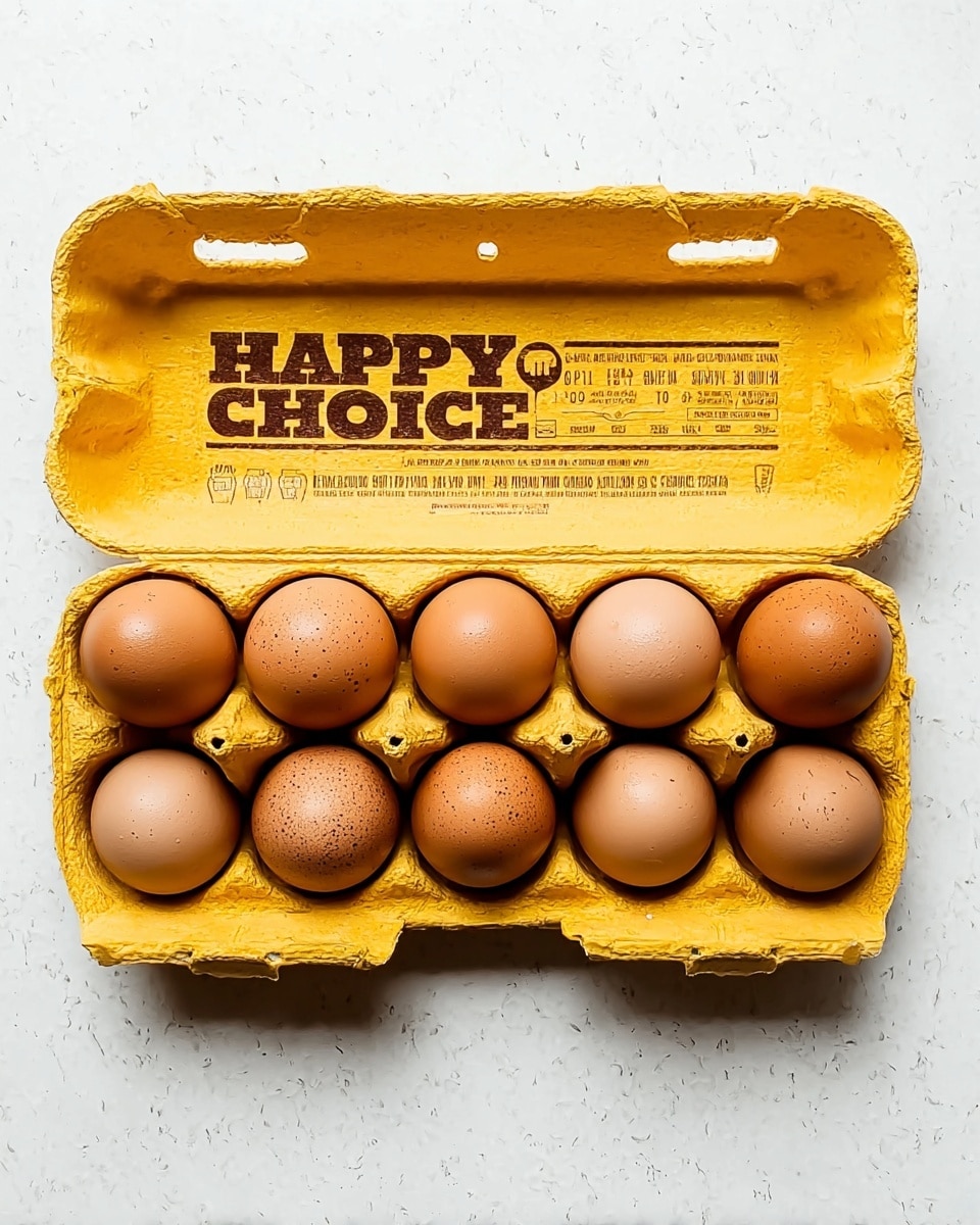 A yellow egg carton is open, showing two rows of six brown eggs each, making twelve eggs in total. The eggs are smooth, round, and have natural brown shades with slight speckles and spots. The carton has printed text on the inside of the lid, including large bold letters that say