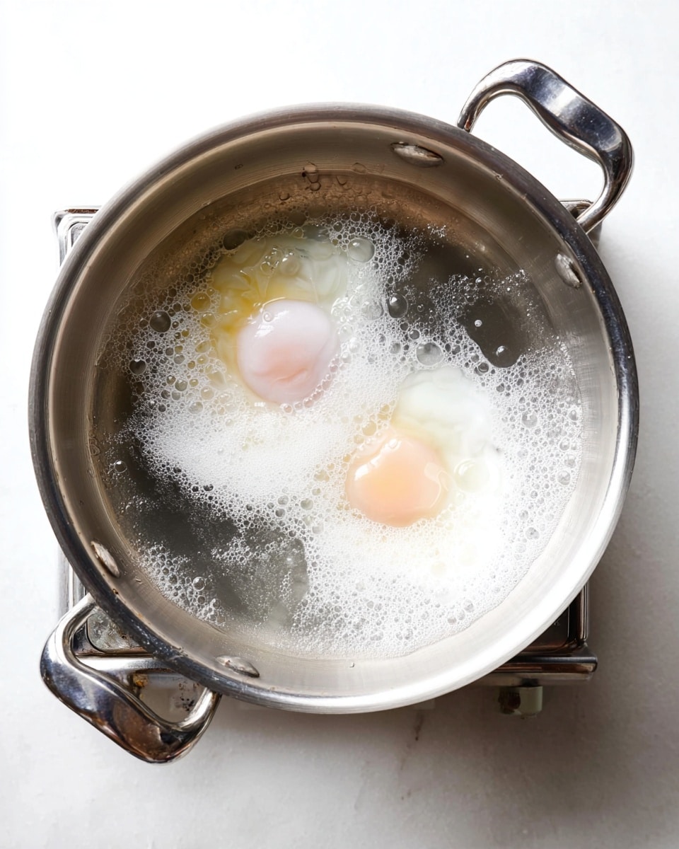 The image shows a large silver pot on a stove with two poached eggs gently cooking in clear, simmering water. Each egg has a white, softly set outer layer with delicate, runny edges surrounding a pale pinkish yolk in the center. Tiny bubbles rise around the eggs in the water, adding a light frothy texture near the surface. The pot handles are visible on each side, and the pot sits on a plain, white marbled surface. photo taken with an iphone --ar 4:5 --v 7