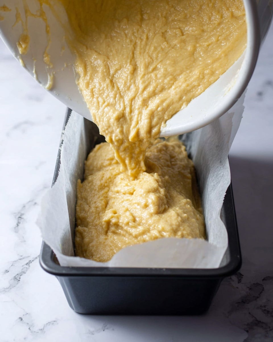 A thick, yellowish batter with a slightly lumpy texture is being poured from a large white mixing bowl into a black loaf pan lined with parchment paper. The batter looks creamy and dense, filling the pan slowly from the top left corner. The scene is set on a white marbled surface that adds a clean and bright feel to the image. No other objects or layers are visible in the frame photo taken with an iphone --ar 4:5 --v 7
