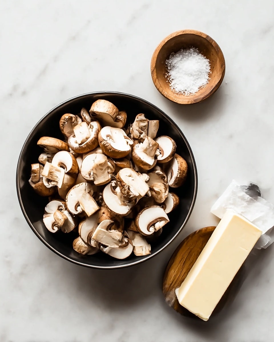 A black bowl filled with many sliced brown mushrooms showing white flesh and brown tops, placed on a white marbled surface. To the right of the bowl, there is a small round wooden bowl with white salt and a stick of butter wrapped partially in white paper resting beside it. The overall color tone is light and clean, with natural textures from the mushrooms, salt, butter, and marbled surface. Photo taken with an iphone --ar 4:5 --v 7