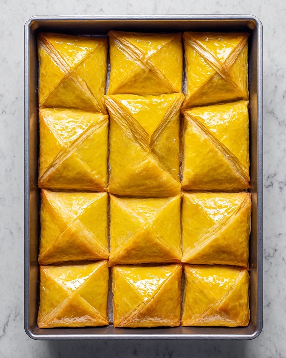 The image shows a rectangular baking pan filled with sixteen triangular pastries arranged in four rows and four columns. Each pastry has a shiny golden-yellow top layer that looks smooth and slightly glossy, indicating an egg wash or glaze. The pastries are folded neatly with a layered texture visible along the edges, giving them a thick and flaky look. The pan sits on a white marbled surface. photo taken with an iphone --ar 4:5 --v 7