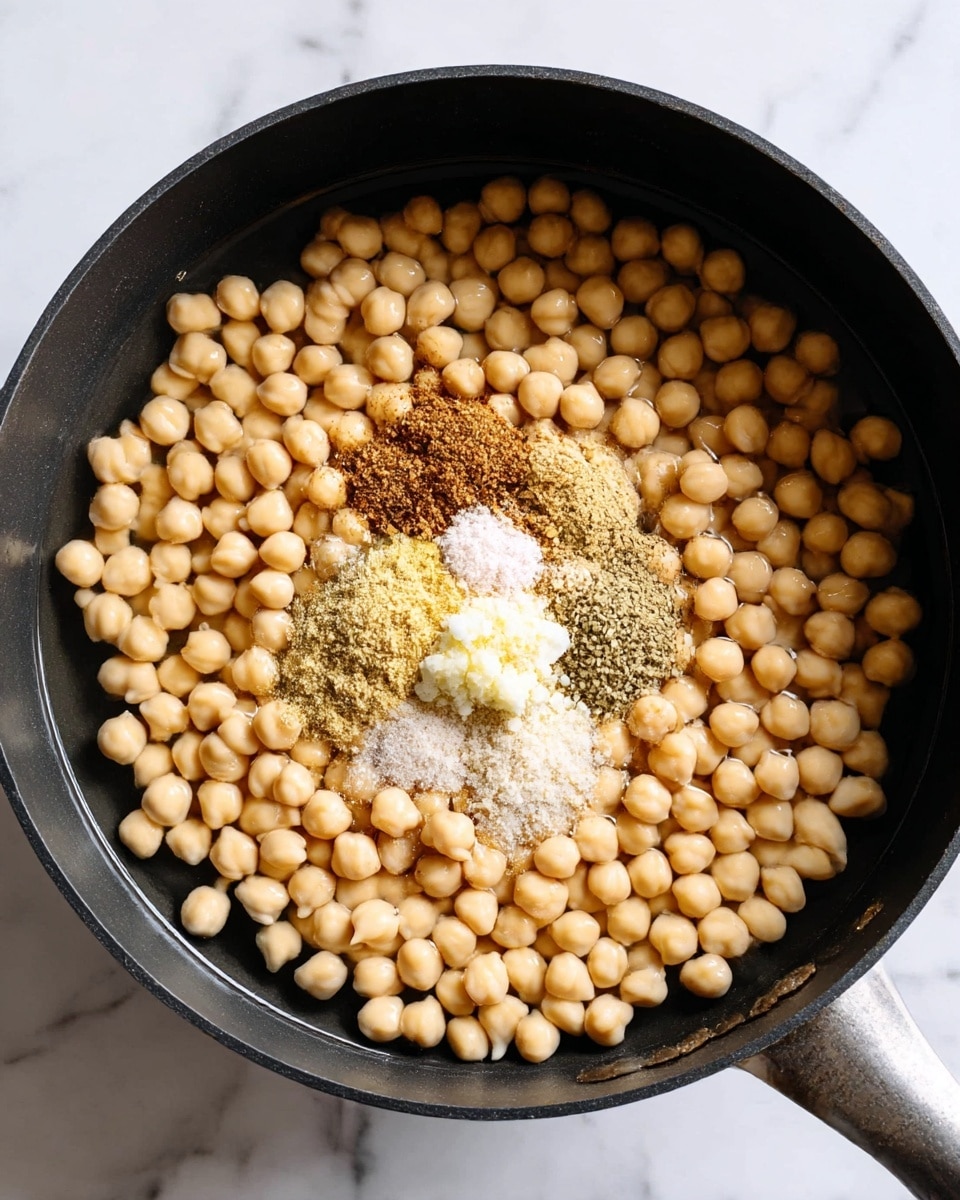 A black deep pan filled with a single layer of light beige chickpeas sitting in water. On top of the chickpeas, there are small piles of various spices and minced garlic, placed near the center, showing light brown, off-white, and pale yellow tones. The pan rests on a white marbled surface. photo taken with an iphone --ar 4:5 --v 7