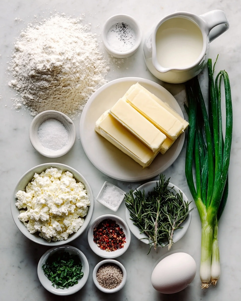 A white marbled surface holds a mix of ingredients neatly arranged: a large pile of white flour at the top left, next to a small white bowl of fine salt and a white pitcher filled with milk. A stack of pale yellow butter slabs sits on a white plate near the center. Fresh green onions lay whole on the right side with their bright green stalks and white ends. Below the flour is a small white bowl with fresh green rosemary sprigs, and beside it, finely chopped green herbs in another white bowl. A large white bowl full of white, crumbly  sits at the bottom left. To its right, there are three small white bowls, one with black and red pepper, and the others containing different types of salt. A single white egg rests beside these bowls. The arrangement is clean and bright, highlighting the fresh and raw textures of the ingredients photo taken with an iphone --ar 4:5 --v 7