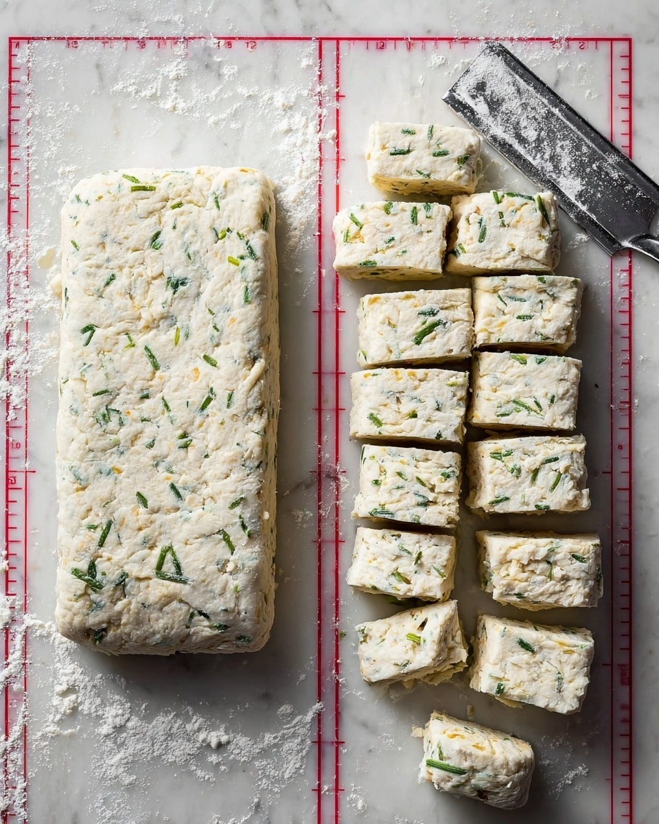 The image shows two sections on a white marbled surface with light flour scattered on it. On the left side, there is a rectangular block of dough with visible small green herbs and yellow specks mixed throughout. The dough has a slightly rough texture and looks soft. On the right side, the same dough is cut into 15 small rectangular pieces arranged in neat rows. A metal dough scraper is placed on the top right corner, also sprinkled lightly with flour. The background beneath the dough is a clear mat with red measurement markings visible under both the whole dough and the cut pieces. Photo taken with an iphone --ar 4:5 --v 7