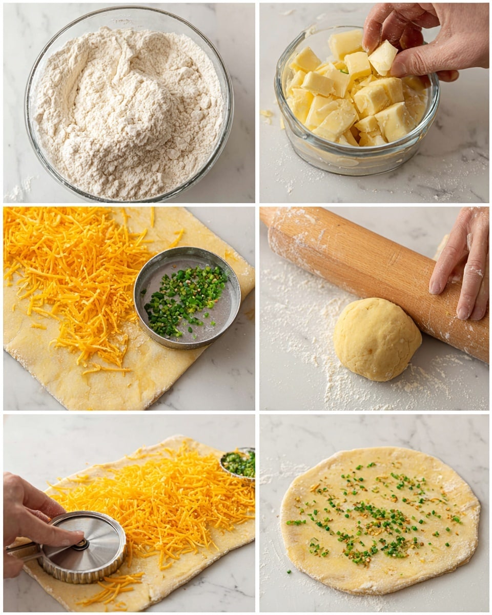 In the first layer, there is a clear glass bowl with white flour mixed with small cubes of pale yellow butter. In the second layer, a woman's hand uses a pastry cutter to mix the butter and flour until crumbly and grainy. The third layer shows a ball of pale yellow dough on a white marbled surface dusted lightly with flour. The fourth layer displays the dough rolled out flat with a wooden rolling pin placed over it, the dough is a consistent pale yellow color. The fifth layer features the dough sheet spread with a bright, shredded orange cheddar cheese and small green chopped scallions. In the sixth layer, a woman's hand uses a metal dough scraper to fold the dough over the cheese and scallions. The final layer shows a woman's hand pressing a metal round cutter into the dough to cut out circular shapes filled with cheese and scallions on the white marbled surface. Photo taken with an iphone --ar 4:5 --v 7