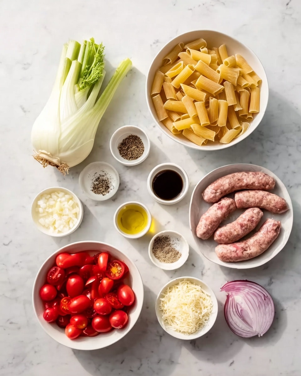 A white marbled surface holds several small white bowls and a white plate, arranged neatly. At the top left sits a whole fennel bulb with green stalks, smooth and pale. Above the middle is a white bowl filled with dry, tubular, yellow pasta. To the right, a white plate holds four raw Italian sausages, pink with specks of seasoning. Below the fennel, a white bowl is filled with shiny, halved cherry tomatoes in bright red. In the center are two small white bowls, each with a different spice: one with black pepper and the other with salt. Between these bowls is a small, white cup of dark brown balsamic vinegar. Below these, a small white bowl holds shredded white cheese. To the left of the cheese is a small glass cup with clear golden olive oil. To the right of the cheese, a white bowl contains thin slices of red onion. A woman's hand is gently holding the rim of the bowl with the cherry tomatoes. Photo taken with an iphone --ar 4:5 --v 7