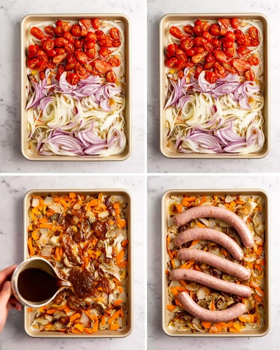 The image shows four stages of preparing a sausage and vegetable bake on a white tray. In the first stage, there are three layers: a base of long white onion slices and sliced red onion, a middle layer of halved red cherry tomatoes scattered on top, and a top layer where a woman's hand is pouring dark brown sauce over the vegetables. The second stage shows all these ingredients evenly mixed with the sauce, covering the white tray fully with a mix of shiny brown sauce coating the vegetables. The third stage adds a fourth layer of chopped carrots, light orange in color, spread evenly over the sauce-coated vegetables. Finally, the fourth stage adds five raw sausages in a light pinkish color curved across the tray, lying on top of all the seasoned vegetables. The entire scene is set on a white marbled surface. Photo taken with an iphone --ar 4:5 --v 7