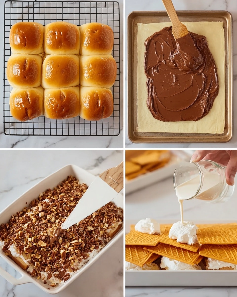 The image shows a collage of four photos depicting a dessert preparation. The top left photo shows a white wire cooling rack holding a grid of twelve shiny golden-brown soft buns with slight cracks at the top center of each. The top right photo shows a wooden spatula spreading thick, dark brown chocolate spread over a rectangular, light beige thin pastry sheet on a white marbled surface. The bottom left photo shows a white ceramic dish filled with chopped nuts covered by a smooth caramel sauce while a white spatula rests inside. The bottom right photo shows the same white ceramic dish layered with rectangular golden wafer crackers on top of the nuts and caramel, with a woman's hand pouring white cream from a small glass pitcher onto the wafers. Photo taken with an iphone --ar 4:5 --v 7