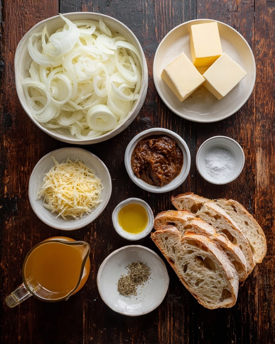 The image shows a top-down view of various cooking ingredients arranged neatly on a dark wooden surface, replaced by a white marbled texture. There is a large white bowl filled with many thinly sliced white onion layers at the top left. To the right, a small white bowl holds three square pieces of pale yellow butter. Below that, another small white bowl contains dark brown paste with a thick texture. A smaller white bowl nearby holds coarse salt, and next to it is another small white bowl with dried herbs. Below all these, a white plate shows a pile of finely grated pale yellow cheese. Stack of three slices of rustic bread with visible holes and crusts is placed to the right of the cheese. A glass pitcher filled with light brown liquid broth is at the bottom left, and near it a small glass container contains golden liquid, possibly oil. Another small white plate holds finely minced light yellow garlic. Everything is arranged neatly without overlapping. photo taken with an iphone --ar 4:5 --v 7