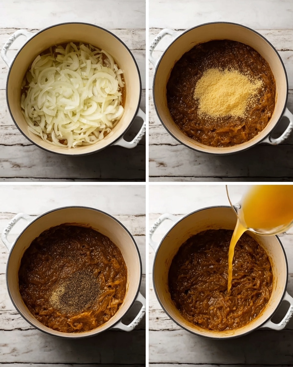 The images show a white pot on a white marbled surface with four stages of cooking. The first image has a full layer of thin white onion slices inside the pot. The second shows the onions cooked down into a brown, thick, soft paste. The third image adds a small pile of light yellow grated substance and ground black pepper on top of the brown paste. The fourth image shows a clear golden liquid being poured into the pot over the brown mixture. photo taken with an iphone --ar 4:5 --v 7