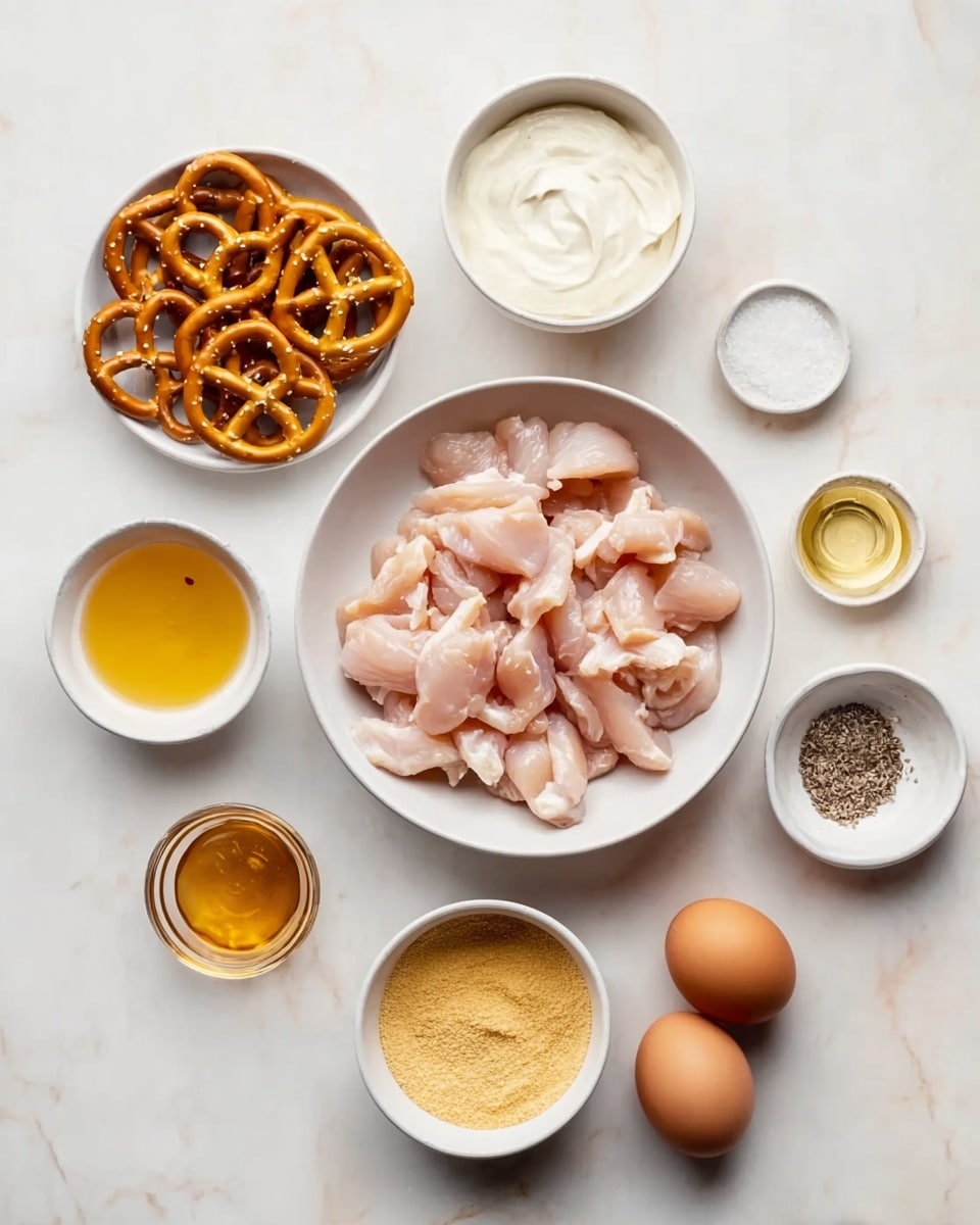 The image shows several white bowls and dishes arranged neatly on a white marbled surface. In a large white bowl at the center, there are many small pieces of raw chicken, pale pink in color with a smooth texture. Surrounding this bowl, there are smaller white bowls: one with a thick white creamy sauce, another with whole pretzels that are golden brown and shiny, a small bowl with yellow mustard, one with a light brown liquid that looks like honey, and a bowl with a mix of white salt and black pepper. Two brown eggs lie near the center right, and another small white bowl contains a pale yellow powder. The clean and simple setup highlights the raw ingredients clearly. Photo taken with an iphone --ar 4:5 --v 7