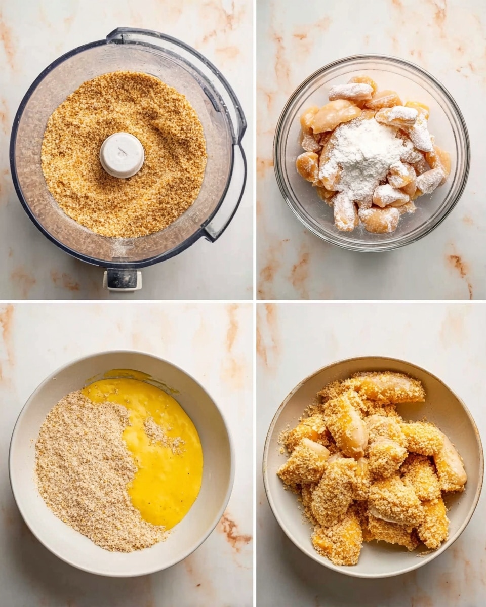 A set of four images shows the process of making a breaded chicken dish on a white marbled background. The first image has a clear food processor bowl filled with crushed pretzels, light brown and crumbly. The second image features a clear glass bowl with small raw chicken pieces mixed with white powder on top. The third image shows a white bowl with raw chicken pieces covered in a yellow egg wash. The fourth image displays chicken pieces coated in crushed pretzels inside a white bowl, with the pretzels slightly golden and textured. Photo taken with an iphone --ar 4:5 --v 7