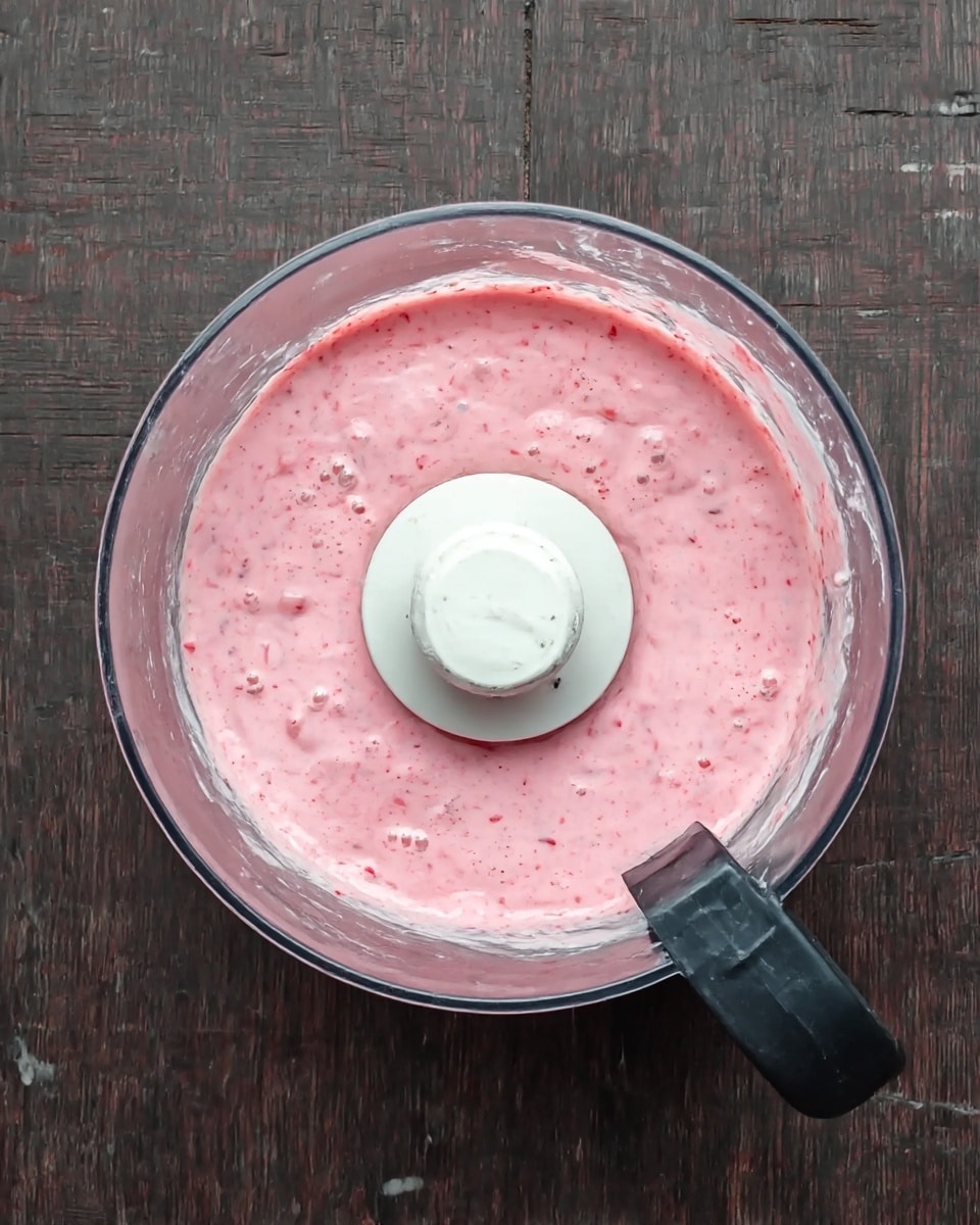 The image shows a clear food processor bowl filled with a smooth, pink mixture that has small bits and bubbles throughout, giving it a slightly chunky and frothy texture. The processor is sitting on a dark wooden surface, which should be imagined as a white marbled texture. The mixture fills the bowl close to the top, with the white central blade attachment visible in the middle, and a black handle on the right side of the bowl. Photo taken with an iphone --ar 4:5 --v 7