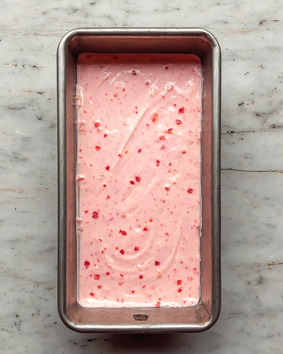 The image shows a rectangular metal baking pan filled with a smooth, light pink mixture that has small red specks scattered throughout. The mixture looks creamy and evenly spread with slight swirls visible on the surface. The baking pan is placed on a white marbled textured surface. Photo taken with an iphone --ar 4:5 --v 7
