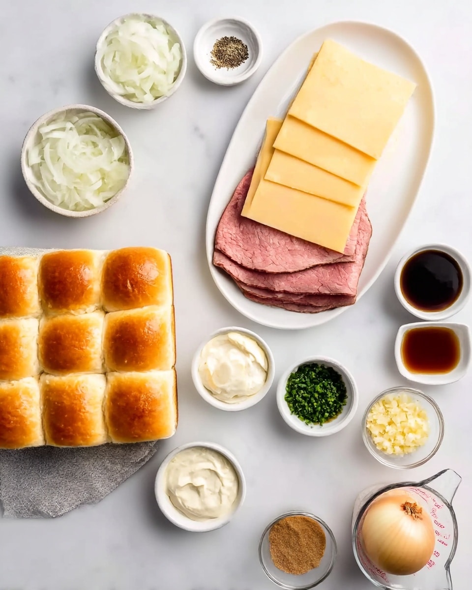 The image shows a top-down view of ingredients neatly arranged on a white marbled surface. In the lower left corner, there is a square cloth holding nine golden brown soft bread rolls in three rows and columns. To the top left, a small white bowl filled with thinly sliced white onions and a small white dish with black pepper next to it. Moving right, a white oval plate holds two layers of pale yellow cheese slices and several slices of pink roast beef with seared edges. Below these, from left to right, are four small white bowls containing mayonnaise, a creamy white sauce, more butter, and chopped green herbs. Further right, there are three more small white dishes holding light brown sugar, dark brown soy sauce, and finely chopped yellow garlic. In the bottom right corner, there is a glass measuring cup with a peeled whole onion inside. A woman’s hand is not shown but implied to be taking the photo. photo taken with an iphone --ar 4:5 --v 7