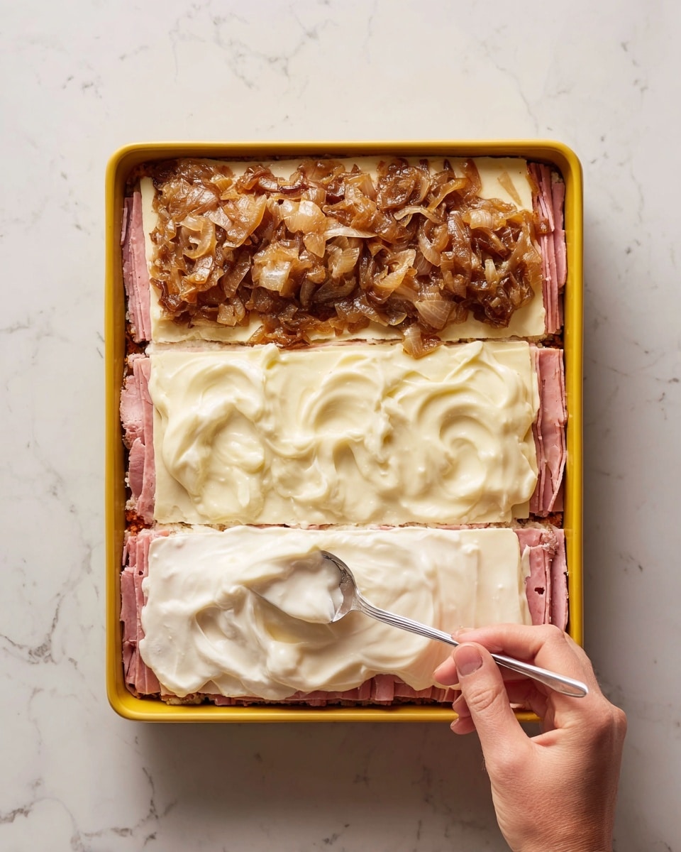 The image shows a step-by-step process of making a layered sandwich in a square yellow baking dish on a white marbled surface. The first layer is thin slices of pinkish cooked meat neatly spread out to cover the bottom. The second layer consists of smooth, overlapping slices of white cheese covering the meat fully. The third layer shows a woman's hand using a spoon to spread a generous amount of cooked caramelized onions on top of the cheese, adding texture and a brownish color. The final layer shows the same woman's hand spreading a creamy white sauce evenly over the onions, covering most of the surface. Photo taken with an iphone --ar 4:5 --v 7