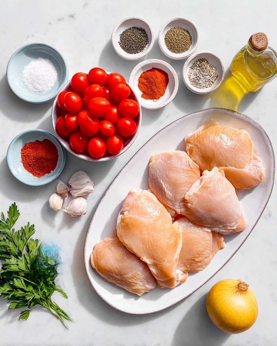 An oval white plate holds six raw chicken thighs with smooth, shiny skin, arranged in two overlapping rows on the right side of the frame. To the left, a white bowl is filled with bright red cherry tomatoes stacked tightly. Above the tomatoes are five small round white bowls and dishes containing coarse salt, black pepper, crushed red pepper flakes, dried oregano, smoked paprika, and garlic powder, each with distinct colors and textures—from white grains to reddish powder. Two garlic cloves lie near the spices, and fresh green parsley leaves rest on the far right. At the bottom center, a whole yellow lemon, a white onion, and a small glass bottle filled with clear olive oil complete the layout. All items sit on a white marbled surface, lit brightly to show every detail and shadow. photo taken with an iphone --ar 4:5 --v 7