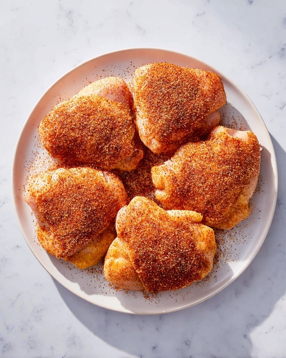 A white plate holds six pieces of raw chicken thighs arranged in a loose circle, each piece covered with a dry rub of reddish-brown spices that create a textured and speckled surface. The thighs have visible skin and some yellow fat edges under the spice layer. The plate sits on a white marbled surface with soft light casting gentle shadows around the chicken pieces. The spices add contrast and richness to the pale pink and yellow color of the raw meat photo taken with an iphone --ar 4:5 --v 7