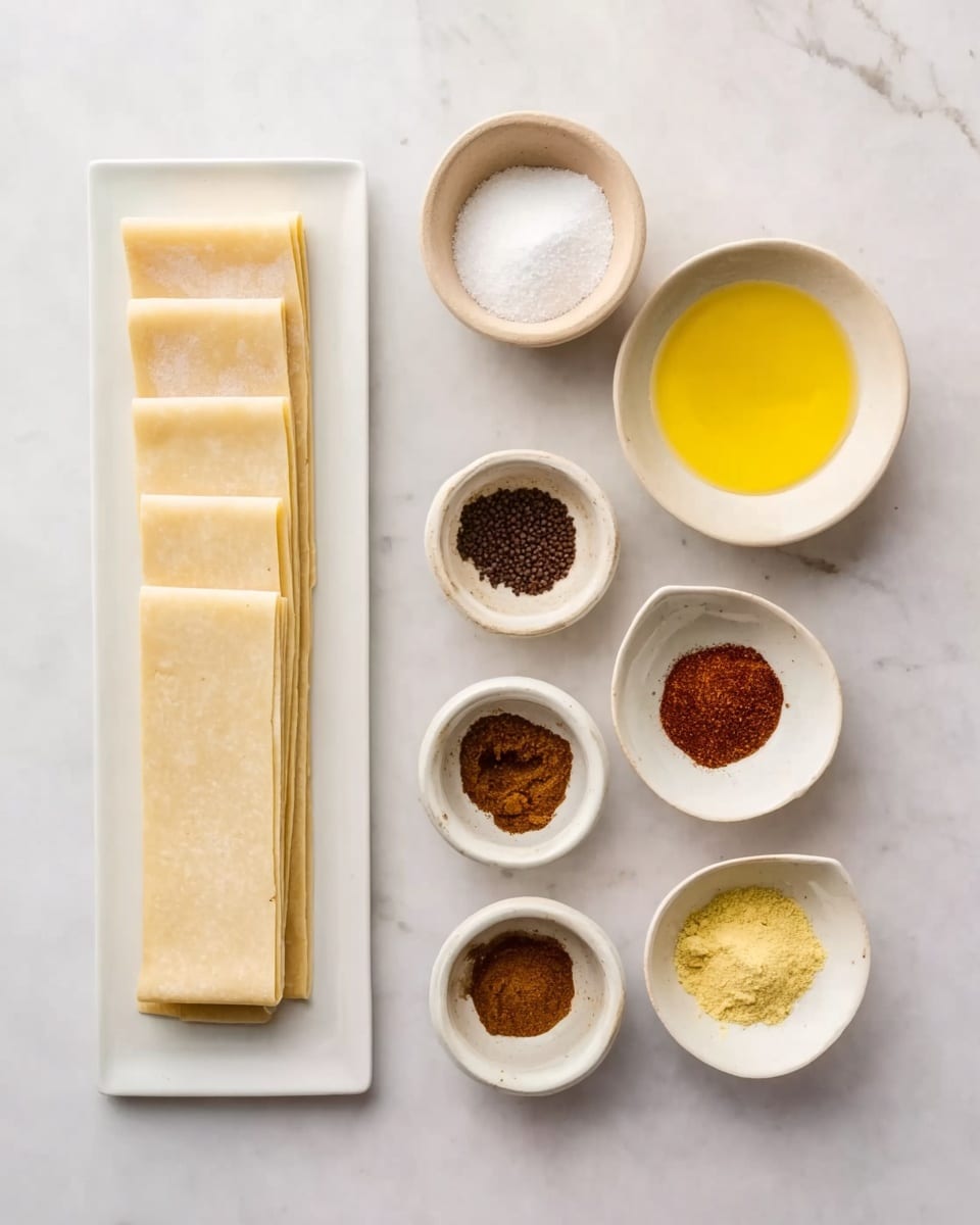 A long, thin stack of pale beige rectangular sheets is neatly placed on a white rectangular plate on the left side of the image. Next to it on a white marbled surface, there are six small white round and oval bowls arranged in two rows: the top row contains a bowl with white granulated sugar and a bowl with bright yellow melted butter, while the bottom row holds a bowl of dark brown ground cinnamon, a bowl of dark brown ground cloves, a bowl with reddish ground spice, and a bowl of pale yellow ground ginger. The bowls are simple and smooth in texture, and the background is a clean white marble pattern. photo taken with an iphone --ar 4:5 --v 7