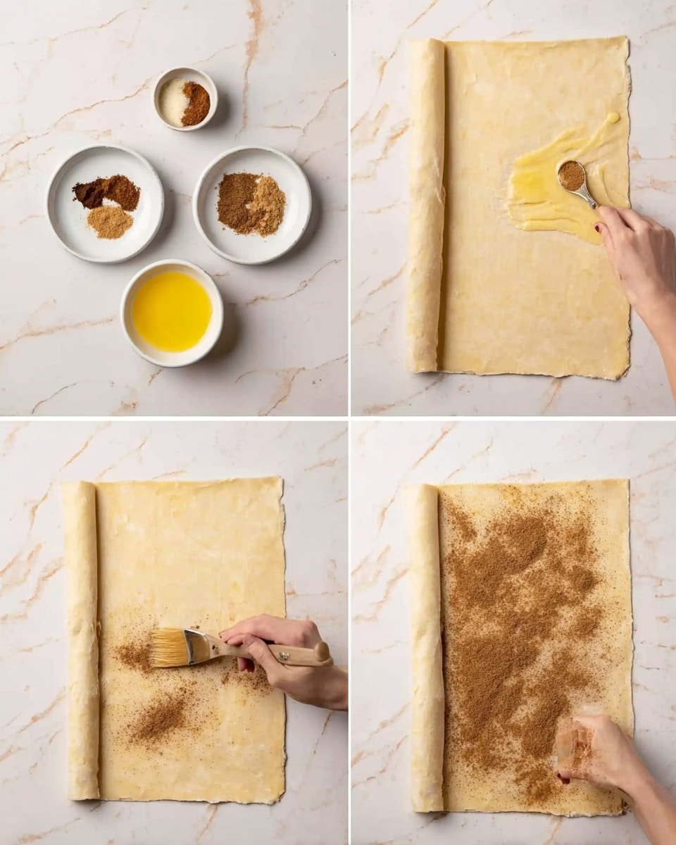 The image shows four steps of preparing a pastry on a white marbled surface. In the first step, a white plate holds four small piles of brown spices in different shades, arranged in a circle, with a small yellow bowl of melted butter nearby. The second step shows a rectangular rolled dough sheet on the surface, with a woman's hand holding a brush spreading melted butter evenly across the dough from right to left. In the third step, the same dough sheet is now being sprinkled by a woman's hand holding a measuring spoon, scattering a brown spice mix over the buttered surface in the top left corner. The last step shows the entire dough rectangle fully covered with the brown spice mixture, spread evenly over the surface. Photo taken with an iphone --ar 4:5 --v 7