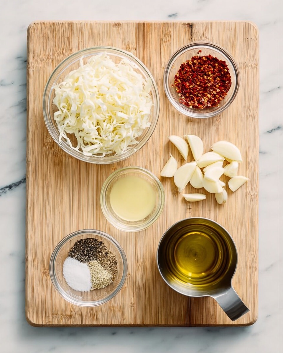 A light-colored wooden cutting board sits on a white marbled surface, holding five containers of ingredients. On the left, there is a clear round bowl filled with thin white curls, next to a smaller clear bowl with red chili flakes. In the center, a small clear bowl holds a pale yellow liquid, while below it is another small clear bowl with a mix of white salt and black pepper. To the right, there are pale sliced pieces of garlic next to a silver measuring cup filled with golden olive oil. Photo taken with an iphone --ar 4:5 --v 7