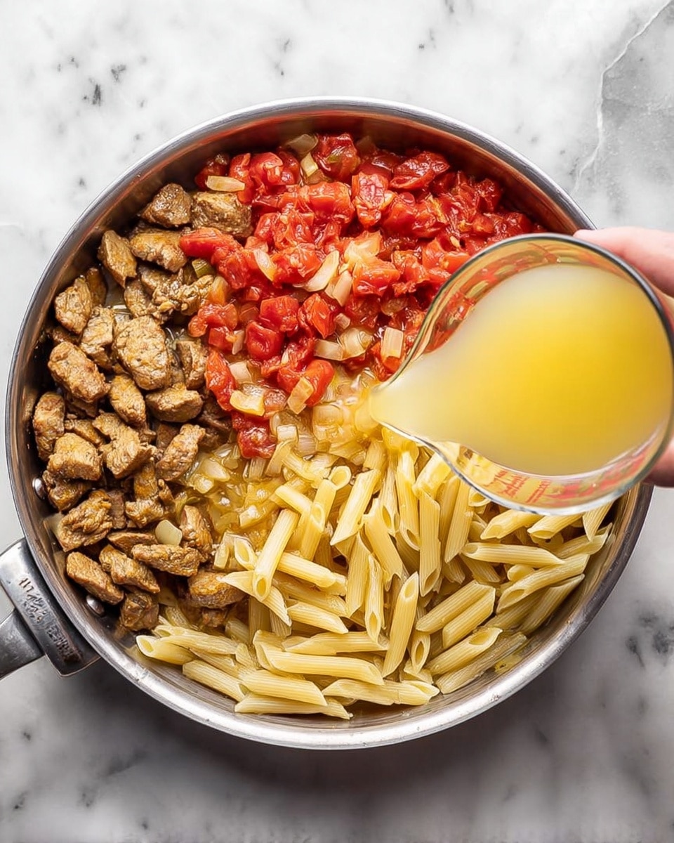 In a stainless steel pan placed on a white marbled surface, there are three main layers of ingredients: on the left, brown cooked chunks of meat with small pieces of diced onions mixed in; in the middle, light yellow cooked penne pasta arranged neatly; on the right, bright red tomato chunks with a slightly soft texture in a sauce. A woman's hand is seen pouring a light yellow broth from a clear glass measuring cup onto the ingredients inside the pan. photo taken with an iphone --ar 4:5 --v 7