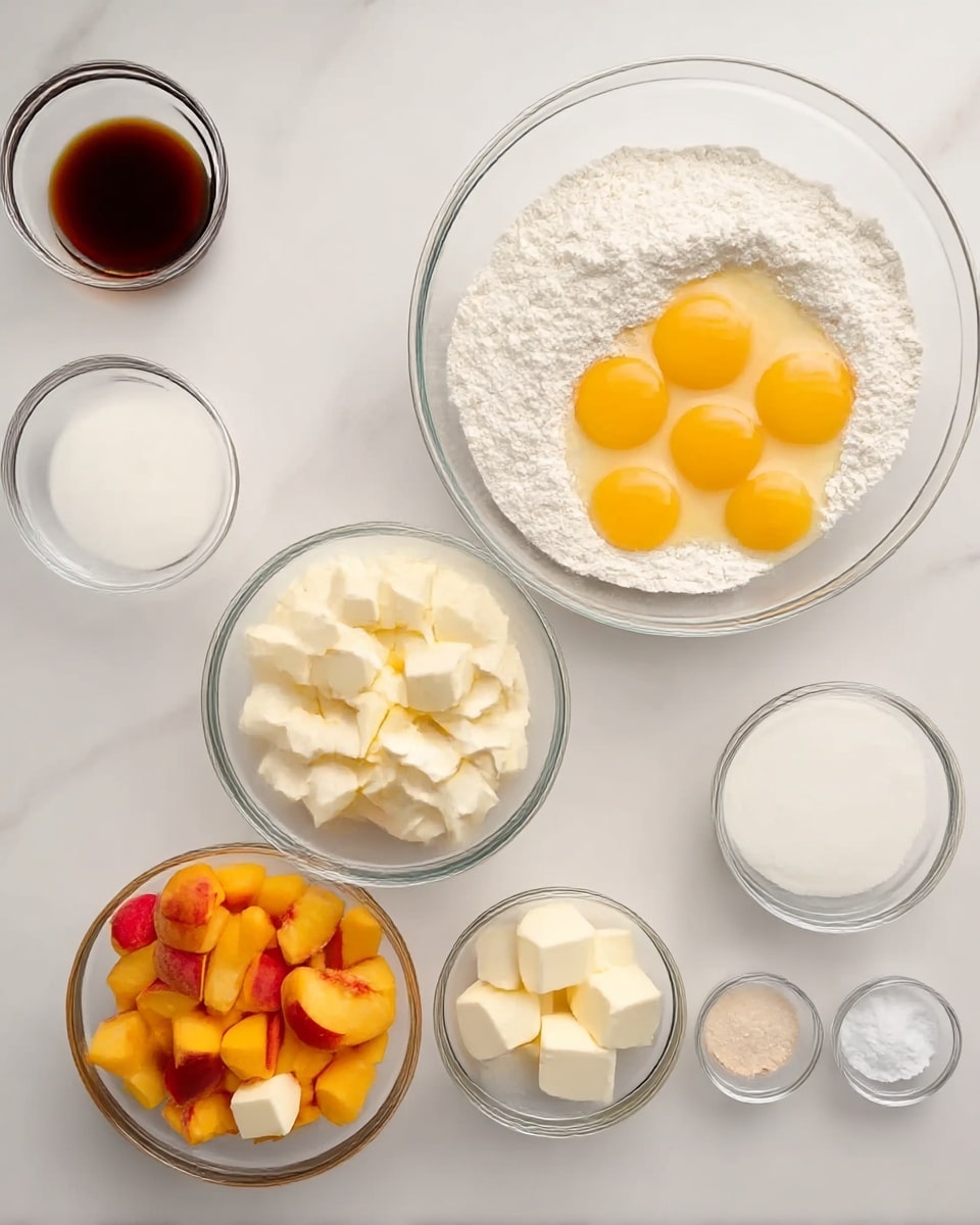 The image shows seven clear glass bowls arranged on a white marbled surface. On the top row, from left to right, there is a small bowl of dark brown vanilla extract, a large bowl filled with white flour, a medium bowl with six raw eggs cracked open with vibrant yellow yolks sitting in the clear whites, and a small bowl of white sour cream. On the bottom row, from left to right, a medium bowl contains several white butter cubes, a smaller bowl holds diced peaches with a mix of orange, yellow, and red colors, and three tiny bowls contain salt and baking powder. The setup is clean and bright. Photo taken with an iphone --ar 4:5 --v 7