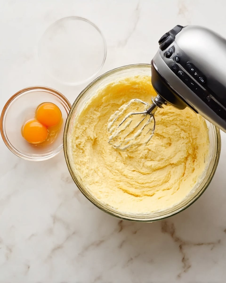 A large clear glass bowl filled with pale yellow creamy batter that has a smooth and fluffy texture is shown. A silver electric mixer with black buttons is partially inside the bowl, mixing the batter. Next to the large bowl, there is a small clear glass bowl holding two raw eggs with bright orange yolks and clear whites. All items are placed on a white marbled surface. photo taken with an iphone --ar 4:5 --v 7