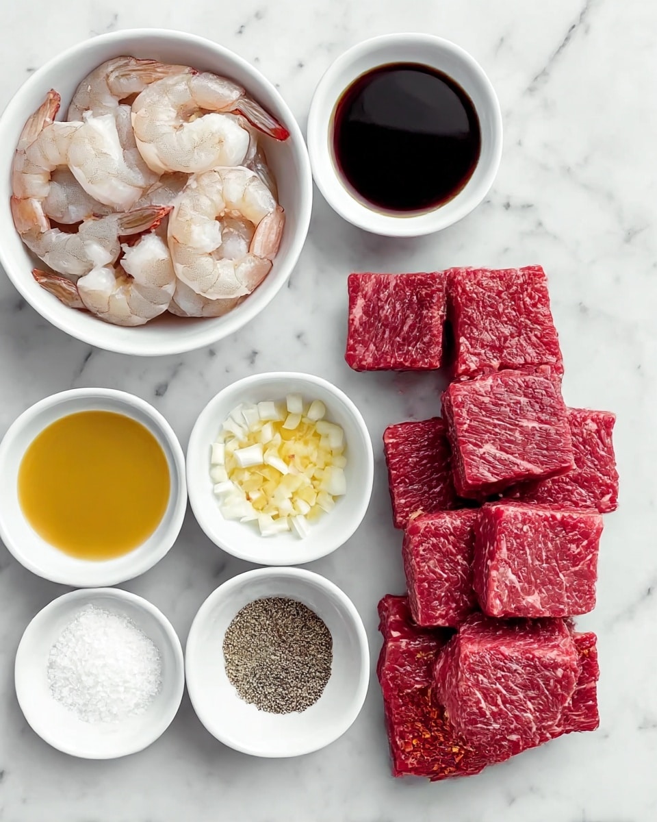 A white bowl filled with raw peeled shrimp is placed on the left side, next to a white bowl filled with dark soy sauce above and to the right. Below the shrimp is a row of four small white bowls lined horizontally, containing yellow liquid, chopped white onions, coarse white salt, and black pepper from left to right. Below these is a small white bowl with red chili flakes. To the right of all these bowls are nine thick, square pieces of raw red beef, slightly marbled, stacked loosely on a white marbled surface. photo taken with an iphone --ar 4:5 --v 7