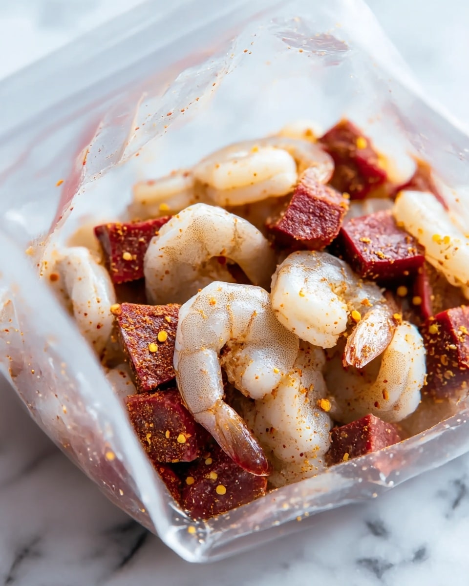 Inside a clear plastic bag, there are raw shrimp that are pale gray with a smooth texture and curled shape, mixed with dark red, firm, cubed meat pieces. Both ingredients are coated lightly with small yellowish and orange spice bits. The bag is open at the top, offering a close view of the mix, placed on a white marbled surface. Photo taken with an iphone --ar 4:5 --v 7