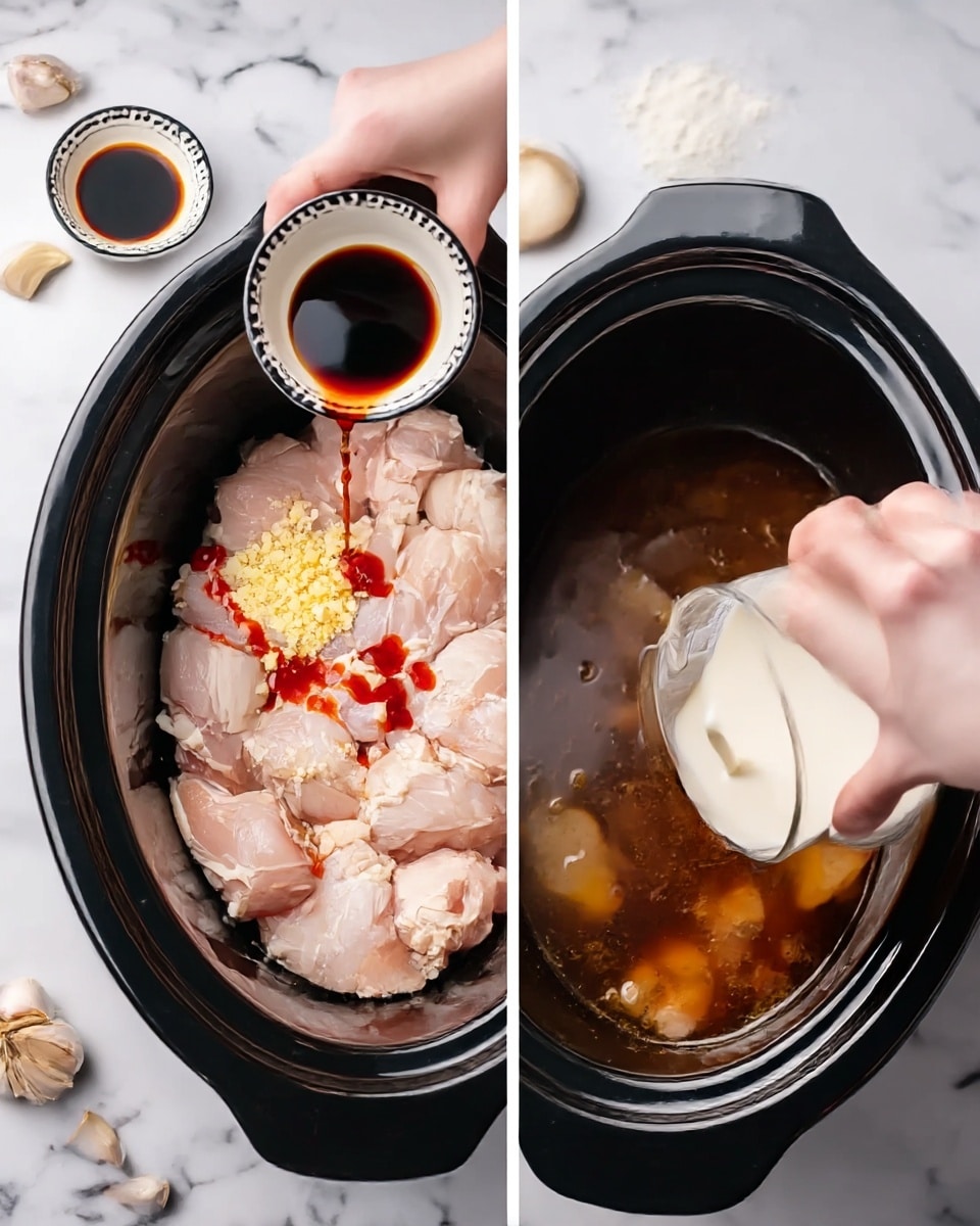 The images show a black slow cooker with two different stages of cooking. In the first image, the cooker is filled with raw, pale pink chicken pieces arranged in an uneven layer at the bottom. On top of the chicken, there is a sprinkle of light yellow minced garlic and a drizzle of red sauce, with a woman's hand pouring dark soy sauce from a small white bowl with black rim. The background is a white marbled texture with some garlic cloves and flour nearby. The second image shows the slow cooker now filled with a brown liquid sauce with some lighter colored pieces submerged, and a woman's hand pouring a white creamy liquid from the same white bowl with black rim into the cooker. The background again is the white marbled surface. photo taken with an iphone --ar 4:5 --v 7