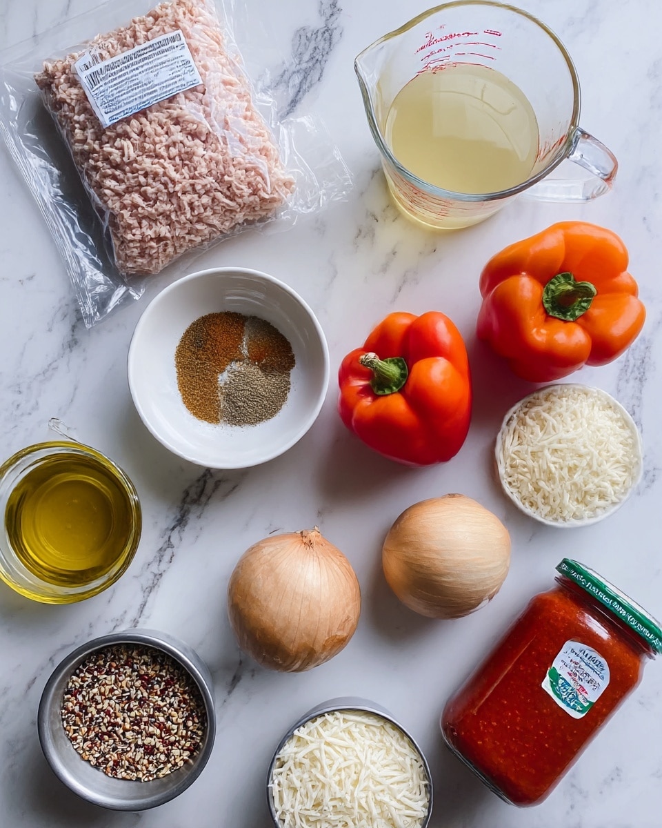 The image shows a flat lay of various cooking ingredients on a white marbled surface, including a clear plastic package of light pink ground chicken at the top left, a white bowl with mixed spices in the center, and a clear measuring cup filled with pale yellow liquid above it. To the right, there are two whole bell peppers, one red and one orange, and below them, a whole brown onion and a bulb of white garlic. A metal cup filled with a tri-color grain mix sits at the bottom left near a small clear bowl of golden olive oil and a white measuring cup filled with shredded white cheese. On the bottom right, a jar of red marinara sauce with a green lid lies angled. photo taken with an iphone --ar 4:5 --v 7