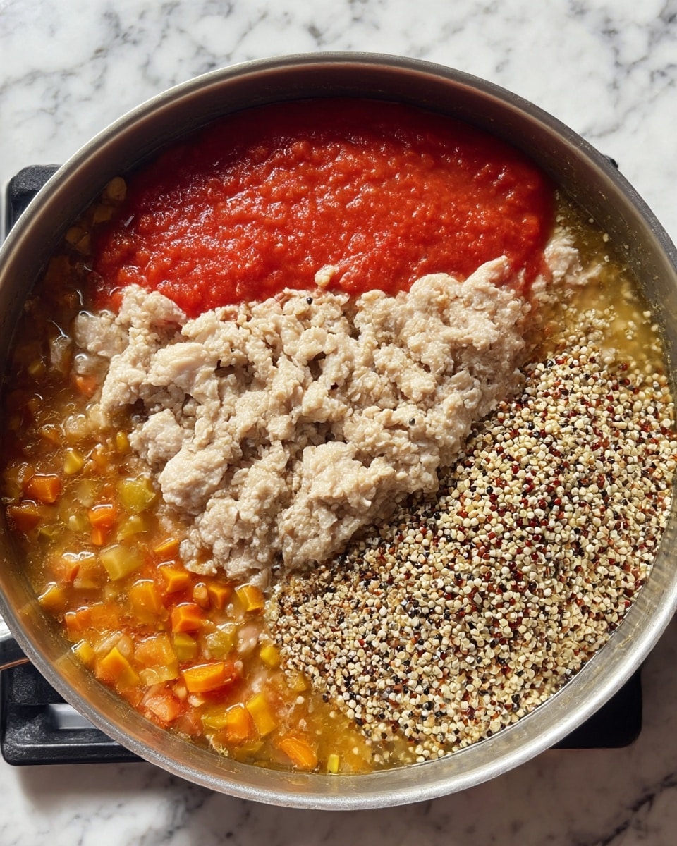 The image shows a cooking pot with four main layers. At the bottom, there is a mix of small orange and yellow vegetable pieces in broth, creating a soft and chunky texture. On one side, bright red tomato sauce covers a part of the vegetables, adding a smooth and rich layer. On the opposite side, a pile of tricolor quinoa grains, with tiny white, brown, and red round seeds, rests next to the tomato layer. On top of the middle, there is a layer of cooked ground meat, pale beige in color, unevenly spread with a slightly crumbly texture. The pot is placed on a stove, and the surface around is a white marbled texture. photo taken with an iphone --ar 4:5 --v 7