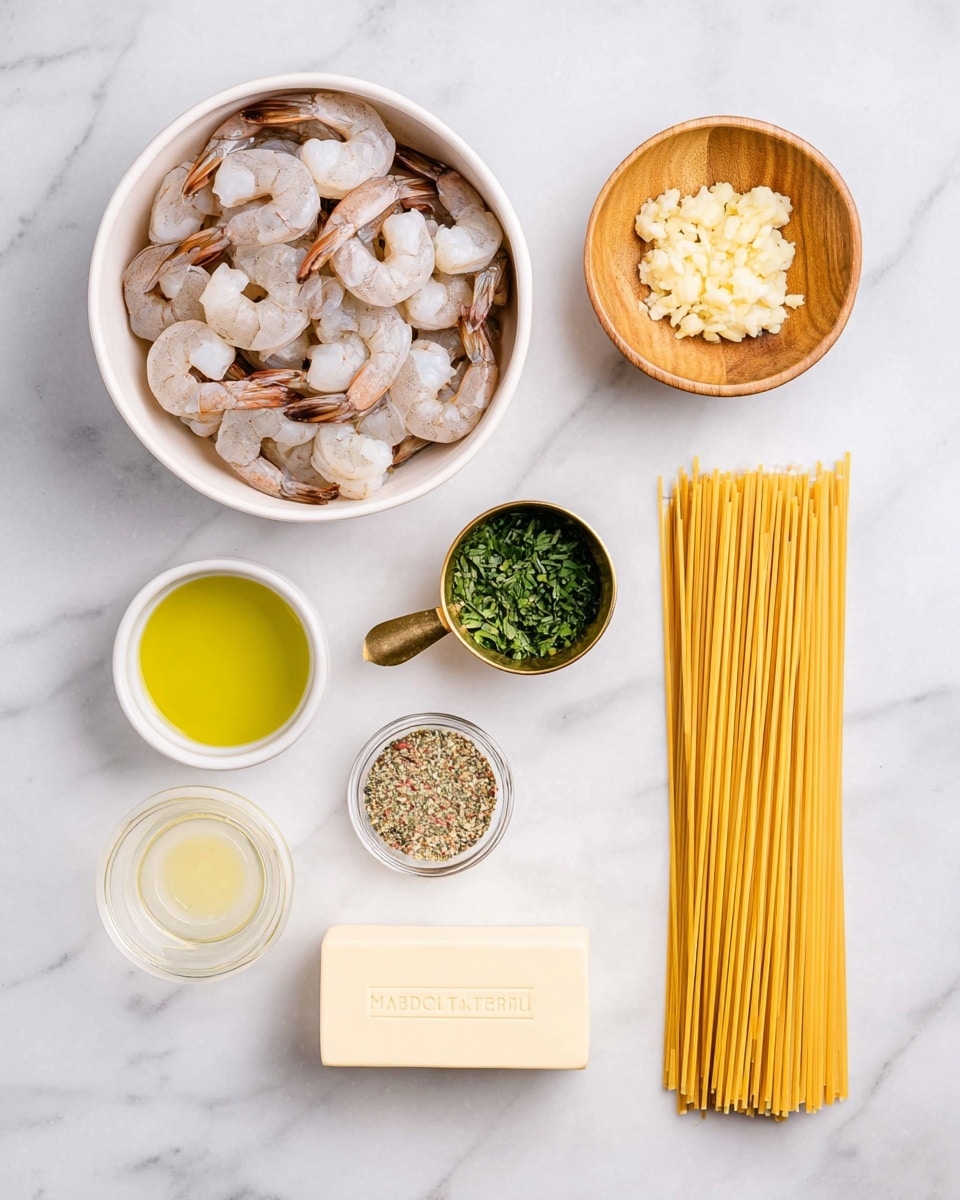 The image shows ingredients arranged neatly on a white marbled surface for a shrimp pasta dish. At the top left, there is a white bowl filled with raw shrimp, light gray and pale pink, some with tails. To the right of the bowl is a small round wooden bowl holding minced garlic with a creamy yellow color. Below the garlic is a small brass measuring cup with chopped fresh green herbs. On the left side, below the shrimp bowl, is a small white cup with olive oil, bright green in color. Below the olive oil is a clear glass bowl with light yellow lemon juice. Near the bottom left corner is a small white dish containing mixed dried seasoning with green, red, and brown specks. At the bottom center, a stick of pale yellow butter is placed horizontally with clear labeling. To the right side of the image, there are many strands of uncooked golden yellow spaghetti pasta laid out flat in a neat bundle. The whole setup is clean and raw, ready for cooking. photo taken with an iphone --ar 4:5 --v 7