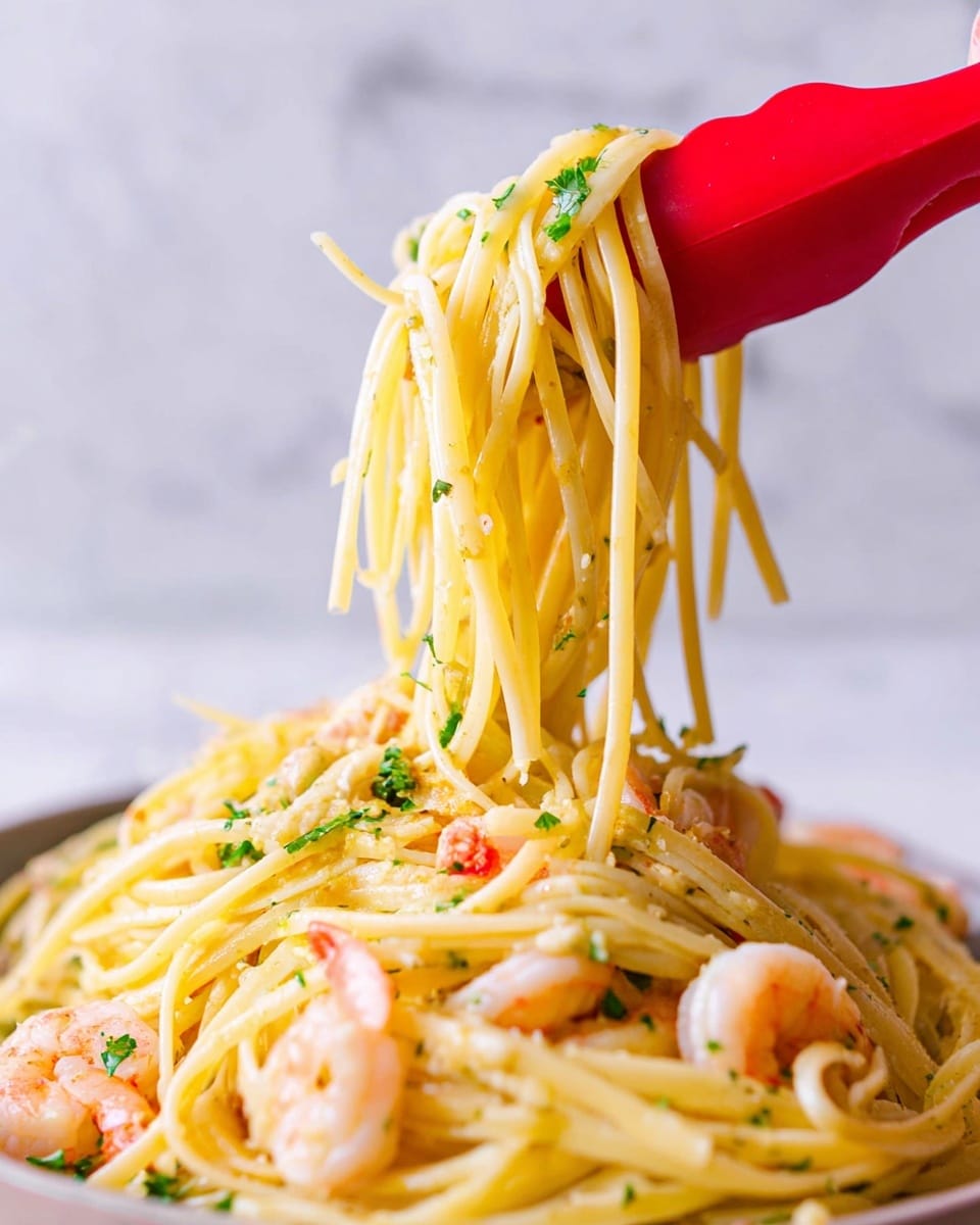 The image shows a close-up of a white plate full of yellow spaghetti noodles mixed with small pink shrimp and sprinkled with green parsley pieces. A red silicone tong held by a woman's hand is lifting a tight bunch of spaghetti and shrimp, with strands of pasta hanging down. The noodles look smooth and slightly shiny, and the shrimp have a cooked, slightly translucent texture. The background has a soft white marbled texture. photo taken with an iphone --ar 4:5 --v 7