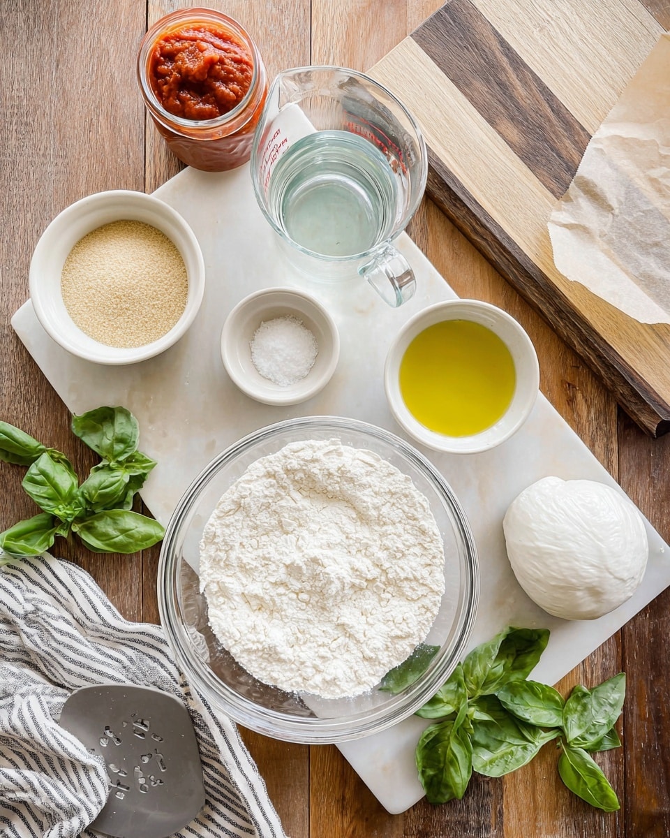 The image shows several ingredients for cooking arranged on a white marbled surface covered partly by a clear sheet, atop a wooden table. In the center foreground, there is a glass bowl filled with white flour that has a slightly uneven surface. To its right, a white bowl holds light yellow olive oil. Above the flour is a small white bowl filled with fine beige dry yeast granules. To the left of the yeast, another small white bowl contains white salt and a small pile of light brown garlic powder. Above these bowls, a clear glass measuring cup is filled with clear water. Next to the water on the left, there is an open jar of bright red tomato paste. To the far right, a white ball of mozzarella cheese rests on a wrapper. Fresh green basil leaves are scattered around the bowls and near the corner of a wooden board with horizontal groves at the top right. A soft beige and black striped cloth and a grey spatula are positioned at the lower edges. Photo taken with an iphone --ar 4:5 --v 7