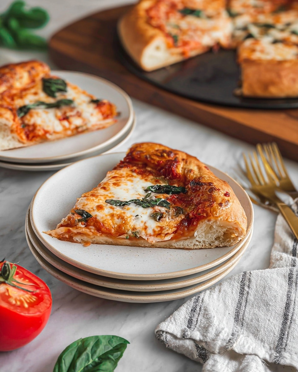 Two slices of pizza rest on a stack of white plates with a crust that is golden brown and thick. The pizza has three main layers visible: a red tomato sauce base, creamy white melted cheese with some browned spots, and fresh dark green basil leaves scattered on top. The edges of the slices are puffed and crispy, with a slightly bubbly texture. Nearby, there is a half red tomato and some green leaves on a white marbled surface, with a striped cloth and golden forks off to the side. The background shows a large pizza on a dark board, slightly out of focus. Photo taken with an iphone --ar 4:5 --v 7