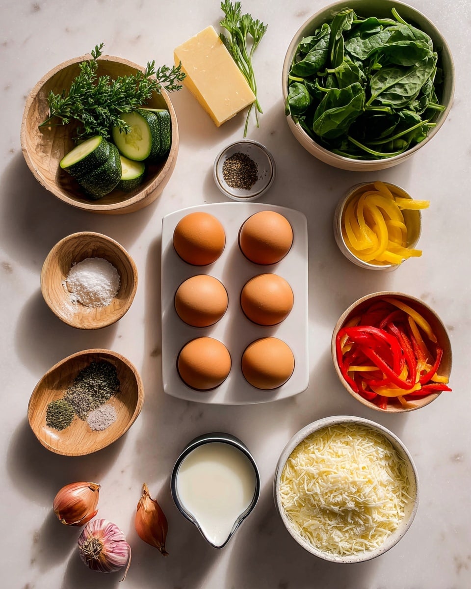A top view of ingredients arranged neatly on a white marbled surface, centered by a white ceramic tray holding six brown eggs in two rows. Around the tray, from top left clockwise, there is a wooden bowl filled with sliced green zucchini, a sprig of fresh green parsley, a beige bowl full of fresh spinach leaves, three small wooden bowls with black pepper, salt, and dried herbs, a small metal cup with golden olive oil, a beige bowl with thin yellow and red bell pepper strips, a block of light yellow cheese, a wooden bowl holding grated cheese, a metal cup of creamy white milk, three cloves of garlic, and two whole shallots. The colors range from green to yellow, red, brown, and white, with natural light casting soft shadows. photo taken with an iphone --ar 4:5 --v 7