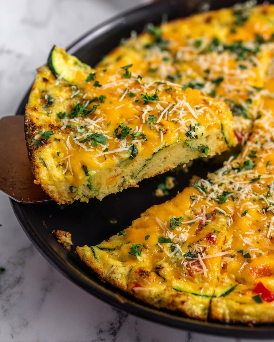 A close-up shows a slice of vegetable frittata being lifted with a spatula from a black pan. The frittata has three main layers: the bottom is a golden-brown cooked egg base, the middle is mixed with green zucchini slices and small bits of red peppers, and the top is covered with melted yellow cheese sprinkled with shredded white cheese and chopped green herbs. The black pan contrasts with the bright colors of the frittata, resting on a white marbled surface. Photo taken with an iphone --ar 4:5 --v 7