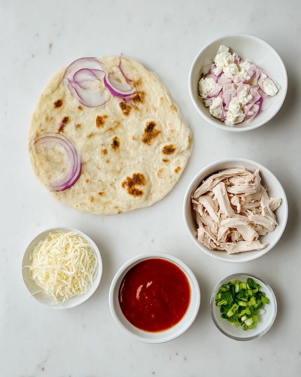The image shows six separate white bowls and a piece of flatbread on a white marbled surface. The flatbread is large, round, and has brown roasted spots. In the top left bowl, there are sliced red onions with purple and white layers. Below it, in a smaller bowl, is white crumbled cheese. Next to it, a white bowl contains shredded white cheese. To the right, another white bowl holds pieces of light-colored cooked chicken. Below that is a small bowl with a red sauce, smooth in texture. The last small bowl on the far right has chopped green onions. The arrangement is neat and spaced apart, making each ingredient clear. photo taken with an iphone --ar 4:5 --v 7